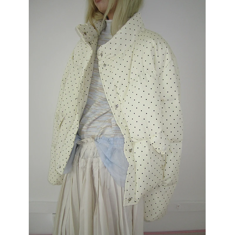 

Korean Sle Simple Polka Dot ort down Jaet Women's Coat Spring Autumn Outerwear Warm Fluffy White Duling Filling