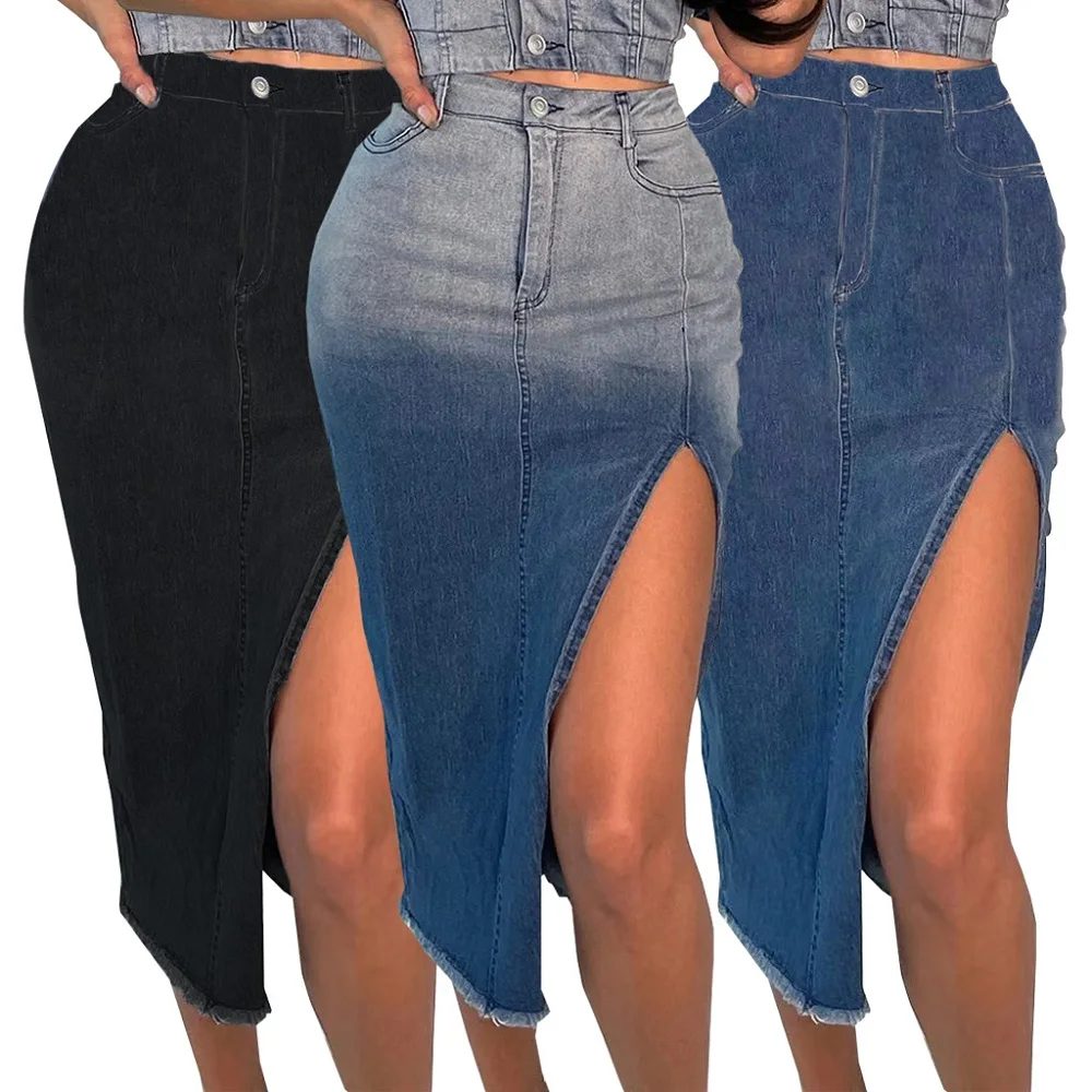 

Women High Waist Denim Skirts Ladies Mid-calf Length Stretch Jeans Skirt Bandage Tassel Skirts faldas para mujeres