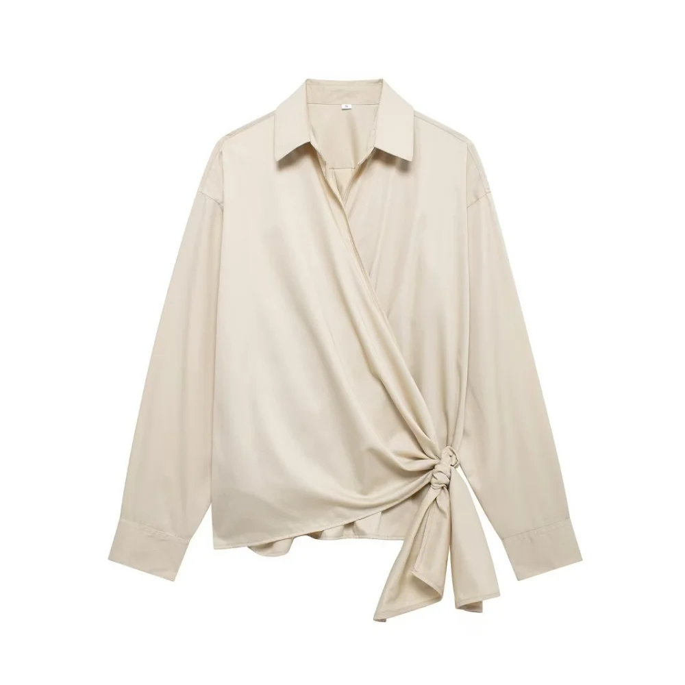 Women's bow embellished top with collar buttons and irregular hem design for autumn and winter new women's shirt