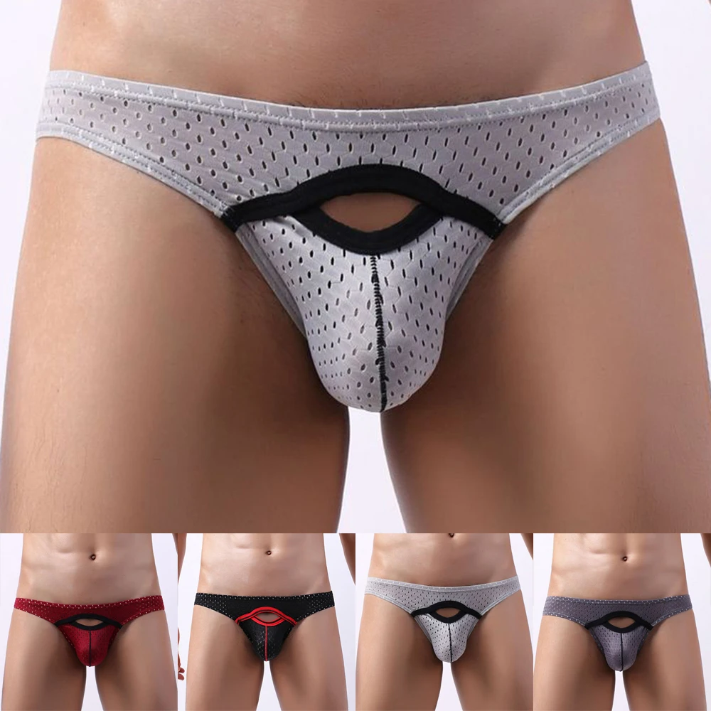 Men Sexy U-Bulge Pouch Underwear With Hole Low Waist Briefs Sexy Mesh Hole Panties Breathable Knickers Mans Sport Underpants