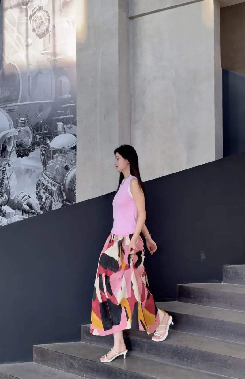 ETJ 2025 Spring new  women's elegant romantic A-type color matching printed high-waist MIDI skirt