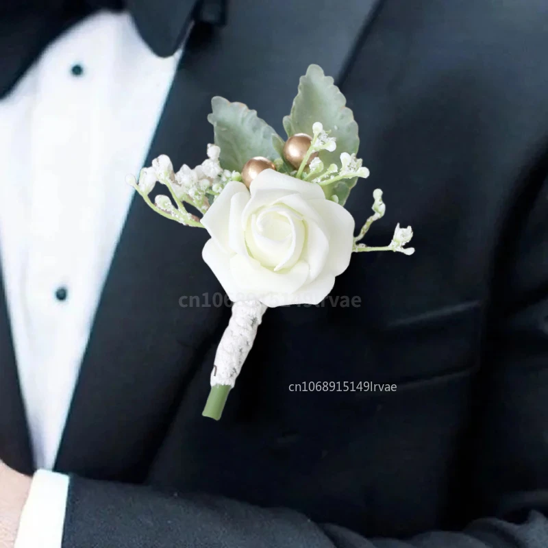 Boutonnieres Flowers Artificial White Roses Silk Ivory Corsage Buttonhole Groomsmen Boutonniere for Men Wedding Accessories