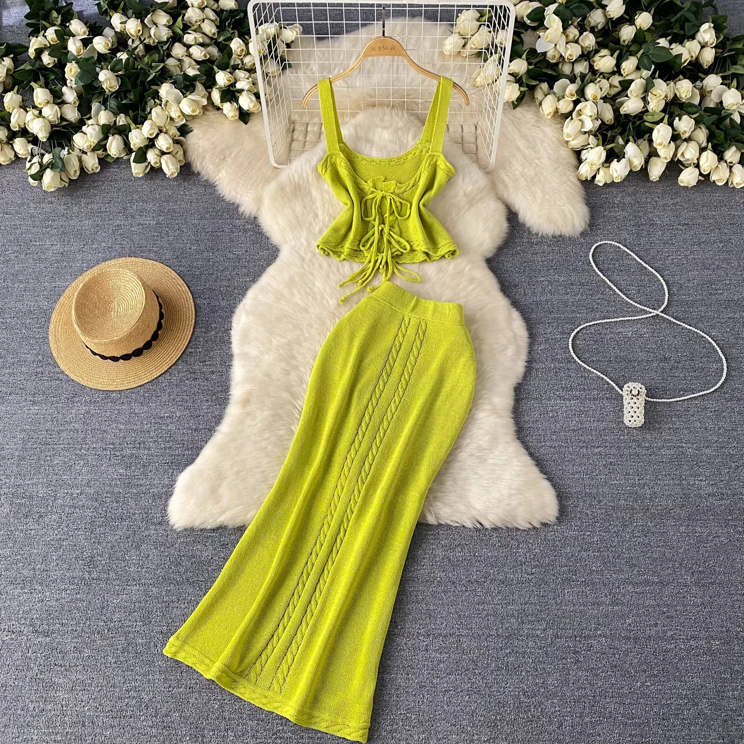 

Knitting 2pcs Set Hollow Out Lace Up Tank Top+Split Long Skirt Summer Vacation Design Elastic Waist Two Pieces Suits