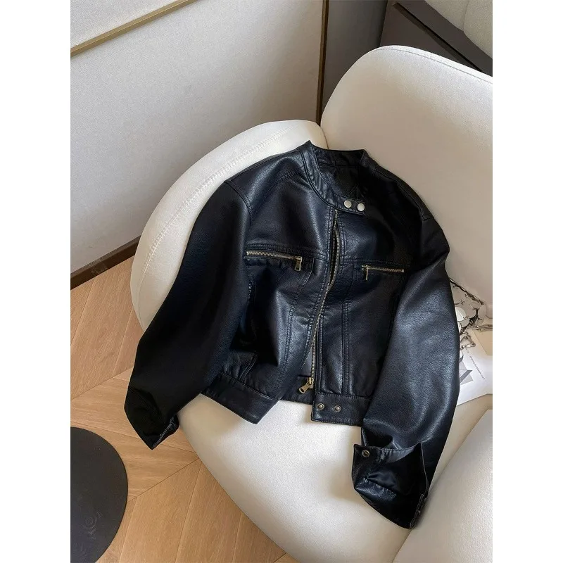 Black Short PU Leather Jacket Women New Spring Autumn Style Cool Stylish Small Stand-up Collar Motorcycle Leather Jacket Trendy