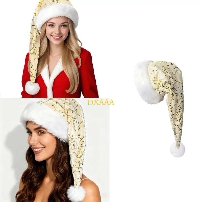 DXAA Soft Plush Lined Christmas Hats with Golden Stitched Design And Furry Trim For Christmas Event Outdoor Activity Headwear
