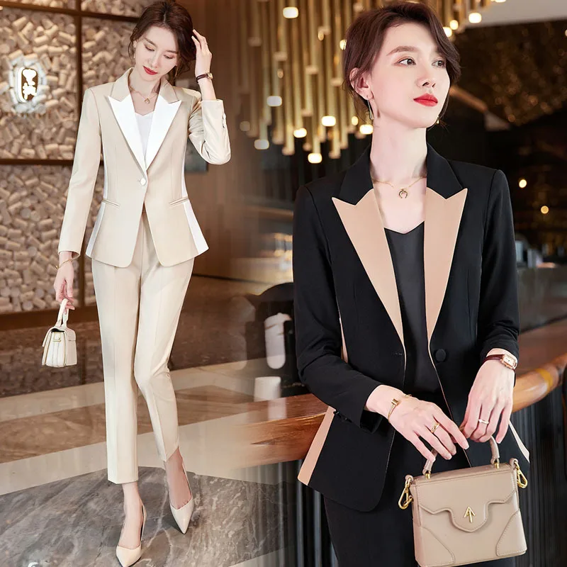 Long Sleeve Fashionable Suit Black White Collar Women's Clothing Boutique Two-Piece Set Office Lady Suit Formal Wear Airline Ste