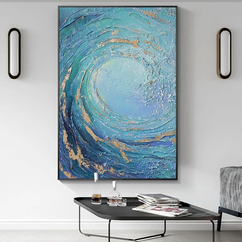 

Room Decor Art Poster Handmade Oil Painting Gold Foil Blue Abstract Ocean Wave Acrylic Canvas Premium Hanging Picture for Indoor