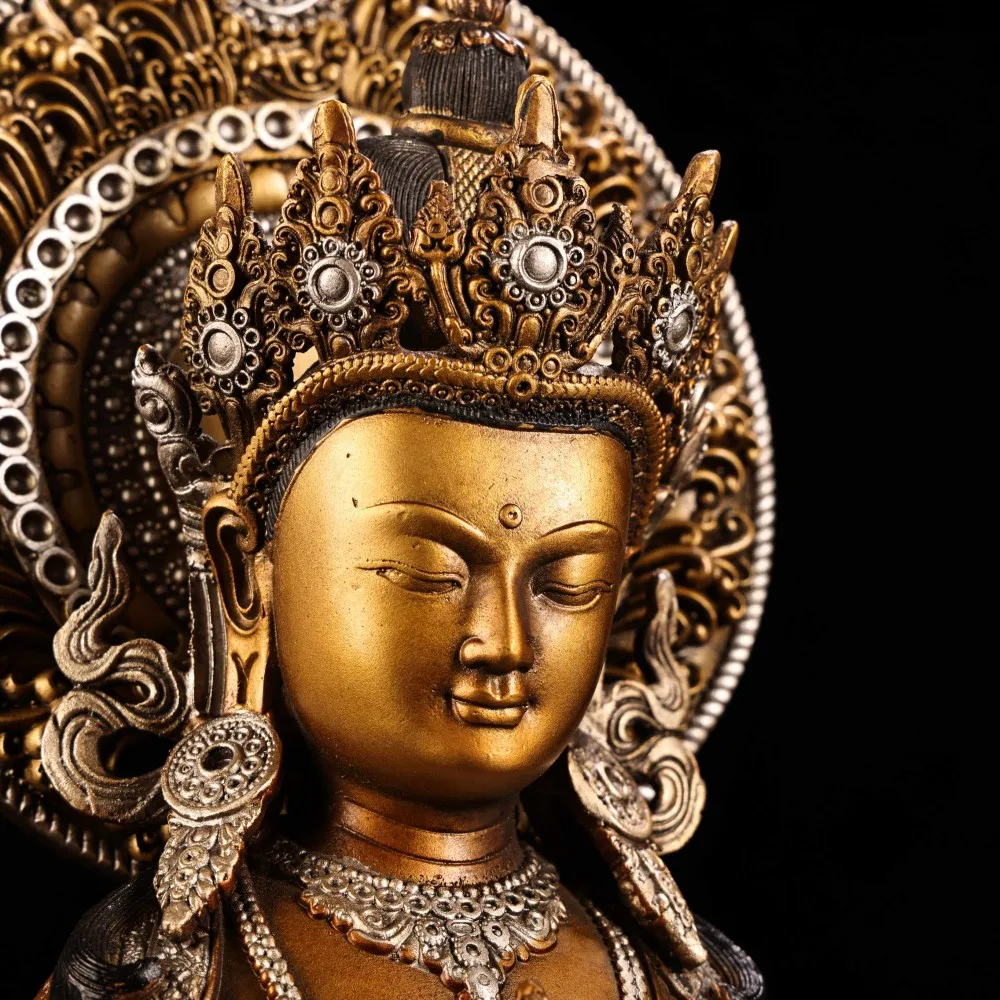 Vintage Tibet Nepal Vajrasattva Statue High Relief Gold Silver Engraved Fine Carving Home Decor Antique