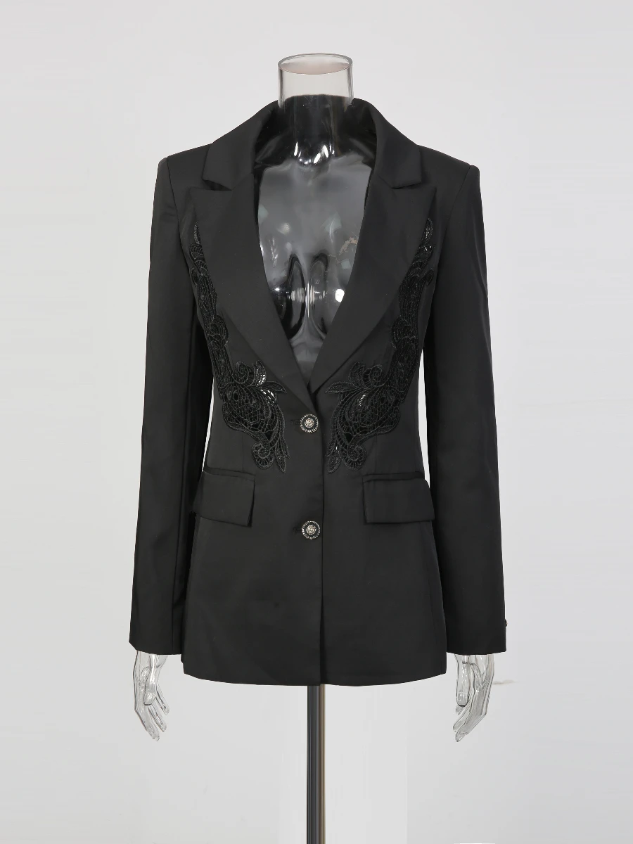 TWOTWINSTYLE Solid Hollow Out Spliced Embridery Elegant Blazers for Women Lapel Long Sleeves Tunic Fashion Blazer Female Clothes