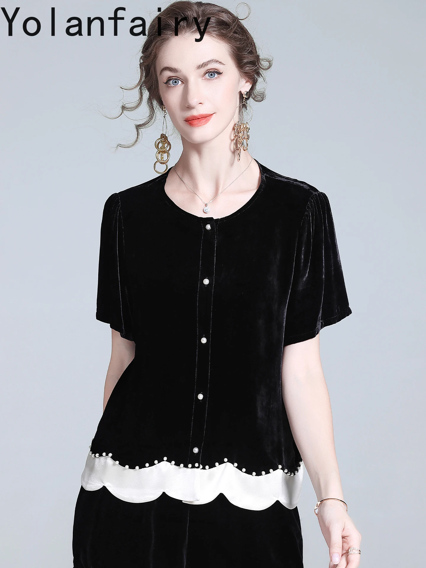 YOLANFAIRY Camicie in velluto di seta di gelso reale autunno per le donne T-shirt elegante patchwork di fascia alta Manica corta Camicie nere Donna