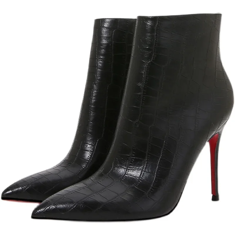 Autumn and winter new turtle patterned short boots, slim high heels, black 10cm, female pointed, slim heels, Shizang bare boots