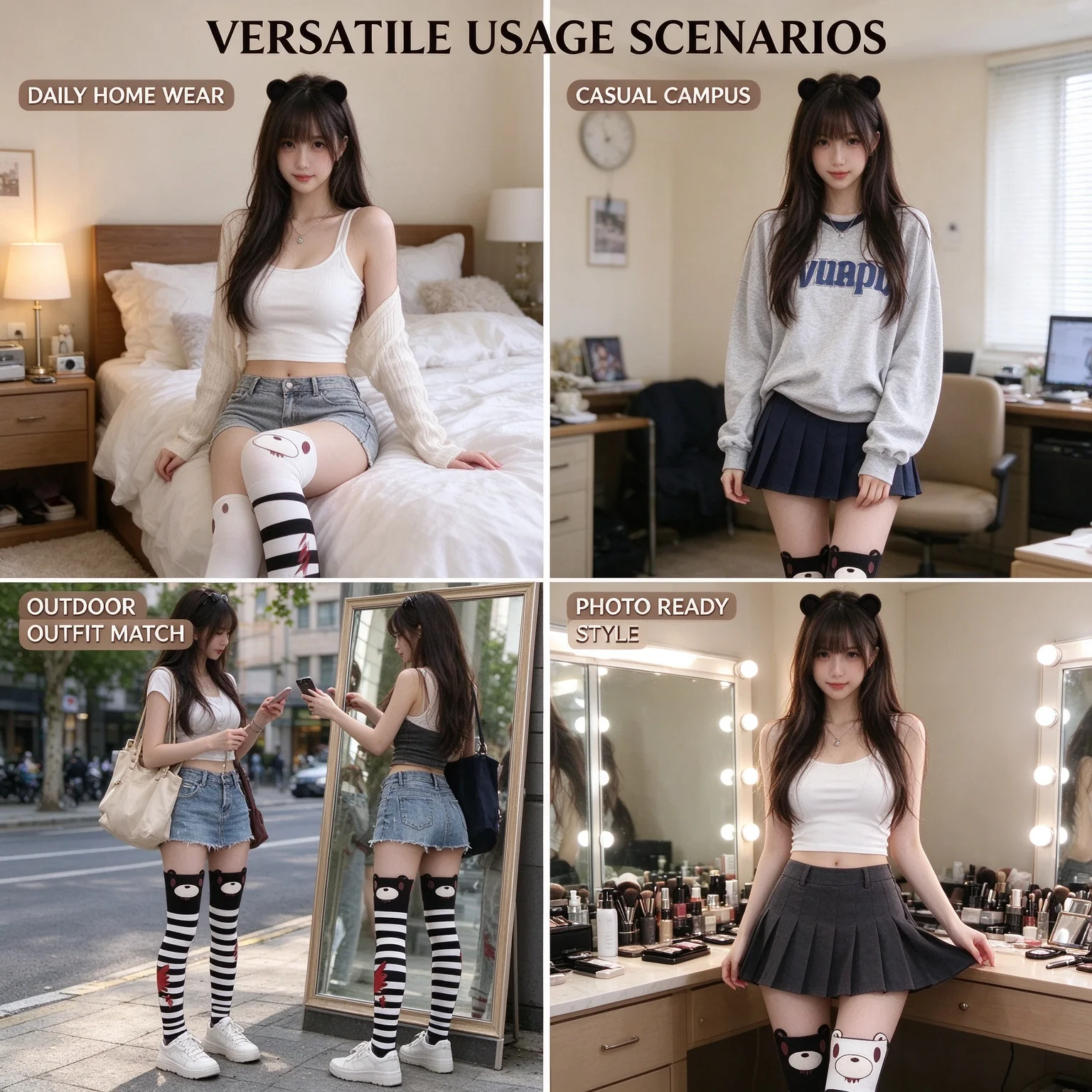 Bear inspired thigh high stockings black white striped over knee socks kawaii harajuku y2k goth style bear ear design