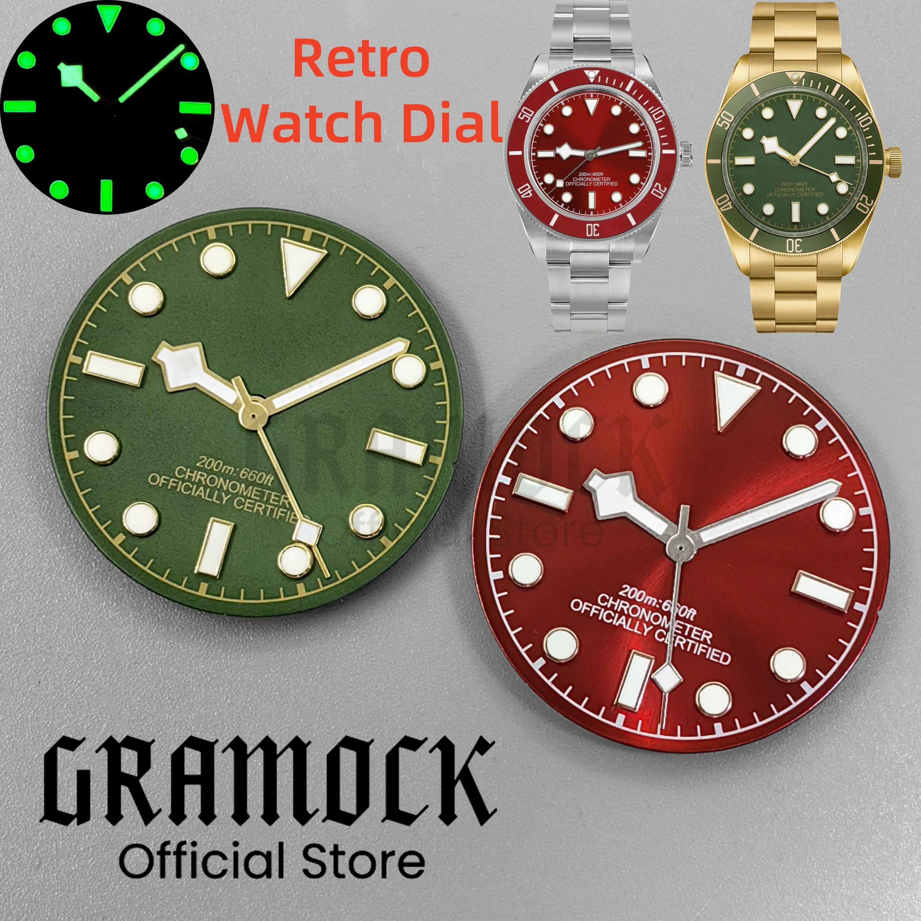 GRAMOCK 29mm Wine Red Vintage Green Sterile Watch Dial Hands Sets Luminous For NH34 NH35 Movement Men's Watch Accessories Parts