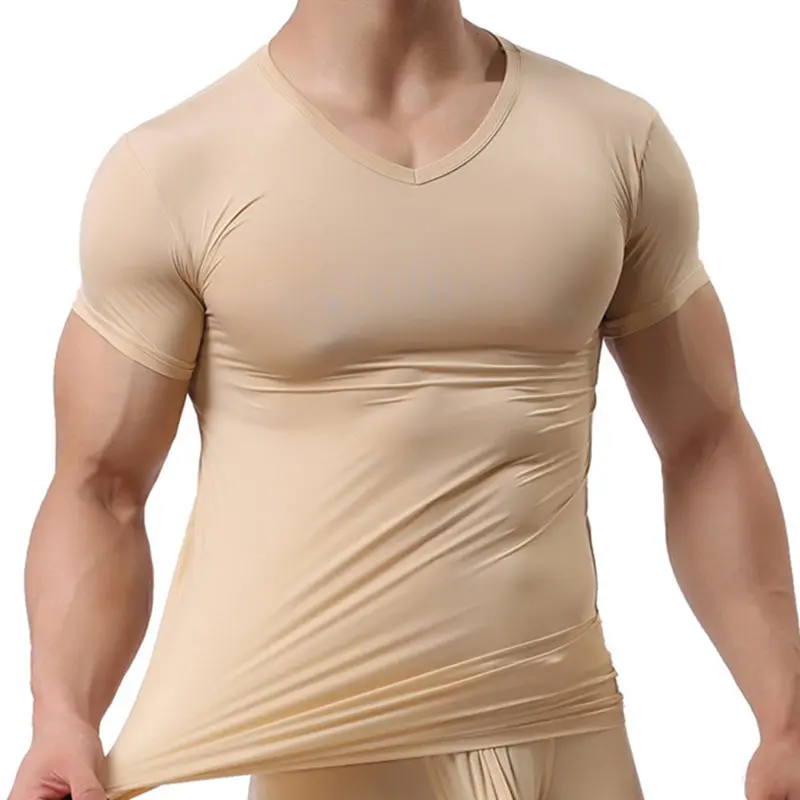 Sexy Mens Undershirts Ice Silk Soft T Shirts Male Short Sleeve Basic T-shirts Fitness Sport Tops Home Underwear Sexy Men Clothes