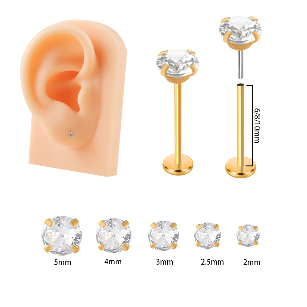 1PC Surgical Steel Insertion Rod Zircon  Labret Lip Stud Silver Color  Ear Cartilage Tragus Helix Daith Piercing Jewelry 20 G