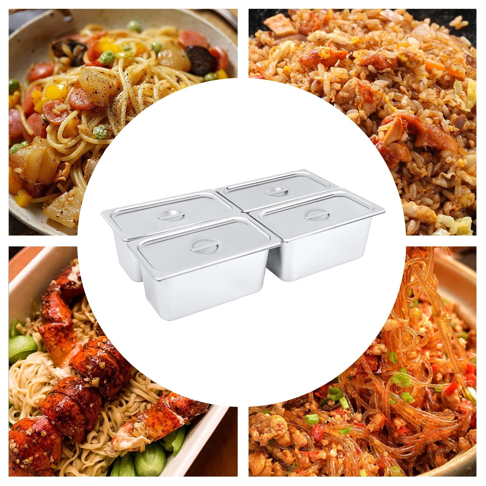 

4 x Stainless Steel Gastronomy Container 1/3 GastroNorm w/ Lid 6 Inch Deep Food Container for Food Hotel Pan Table Food Pan