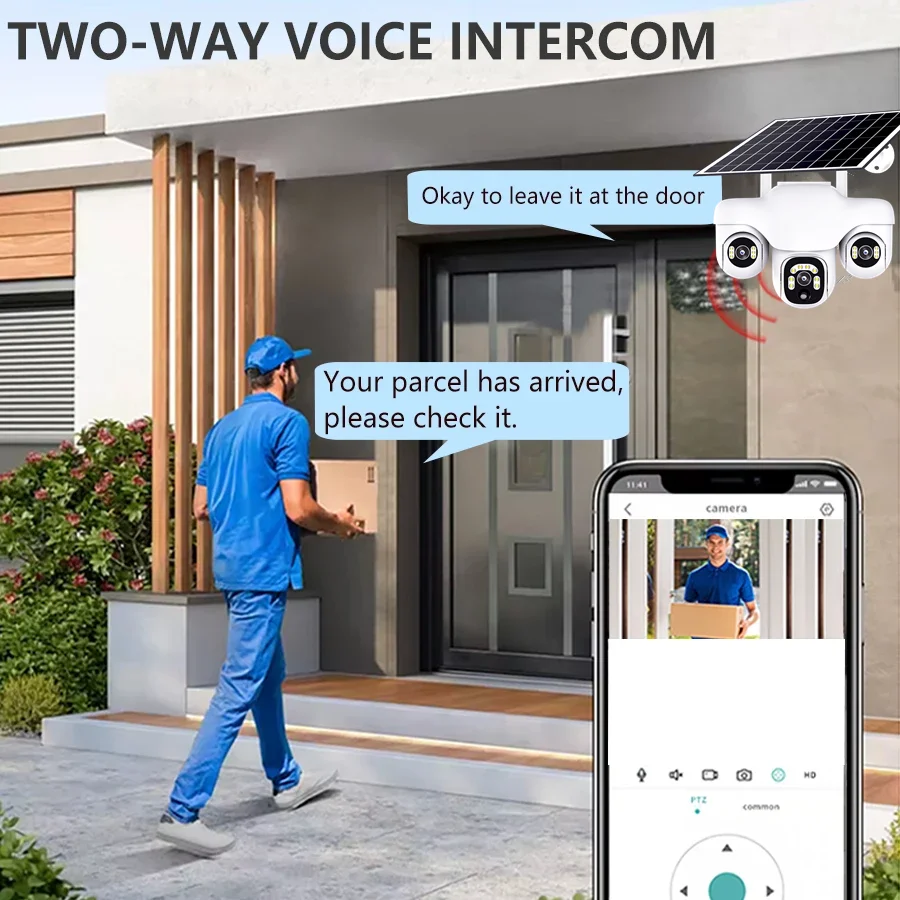 V380 Pro 15MP عدسة ثلاثية PTZ التحكم 4G كاميرا تعمل بالطاقة الشمسية في الهواء الطلق ثلاثة شاشات PIR كشف الحركة كاميرا مراقبة أمنية CCTV