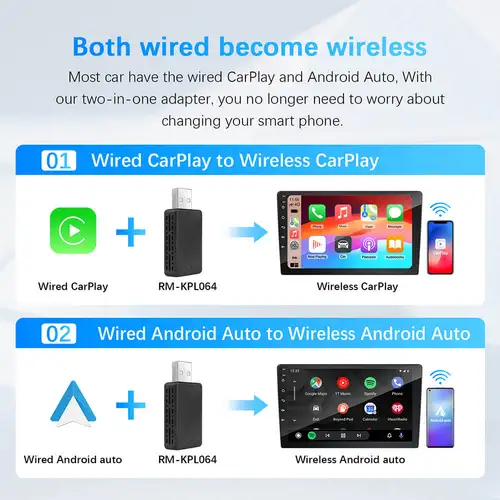 Imagen 2 del producto Adaptador 2 en 1 cableado a inalámbrico CarPlay Android Auto para estéreo de coche OEM con USB Plug and Play