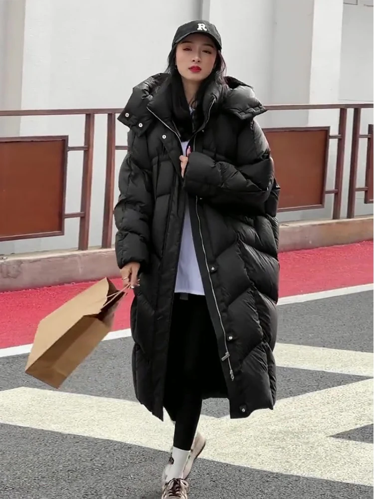 

Winter Thiened Warm Hooded Long Bla down Jaet Women's Faionable Quilted White Du Feather Coat Korean Sle Straight...