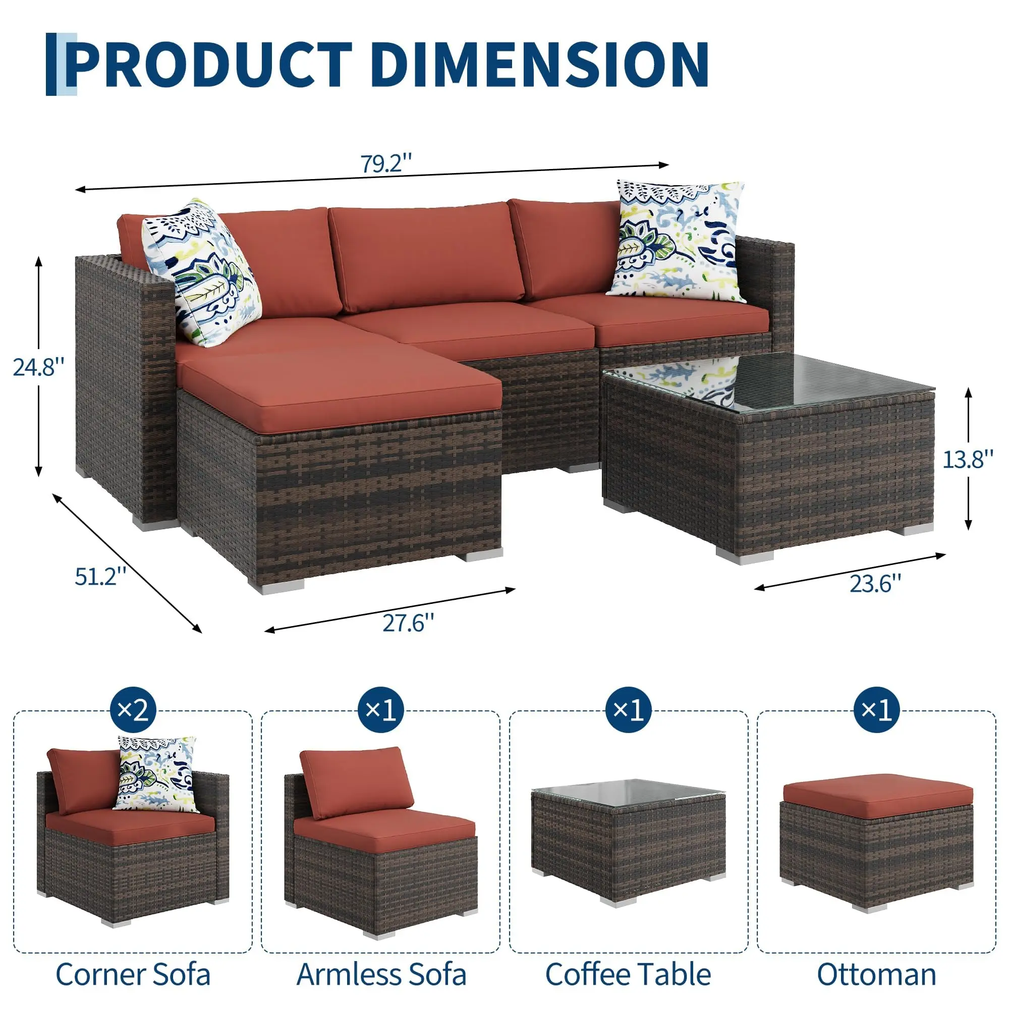 5-Piece Patio Furniture Set, Outdoor PE Rattan Wicker Sofa Set