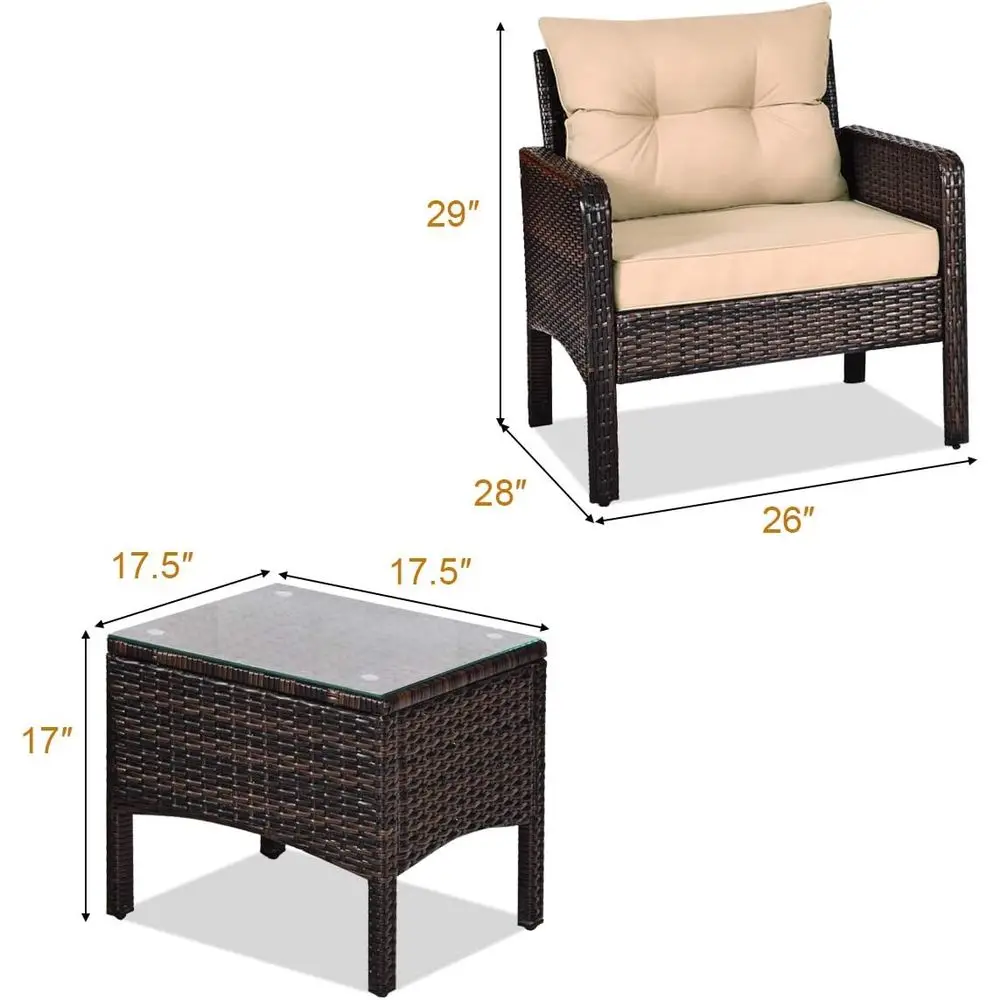 Conjunto de móveis para pátio externo marrom para todos os climas com 2 cadeiras de vime e mesa de centro com tampo de vidro, ideal para jardim, gramado, piscina,