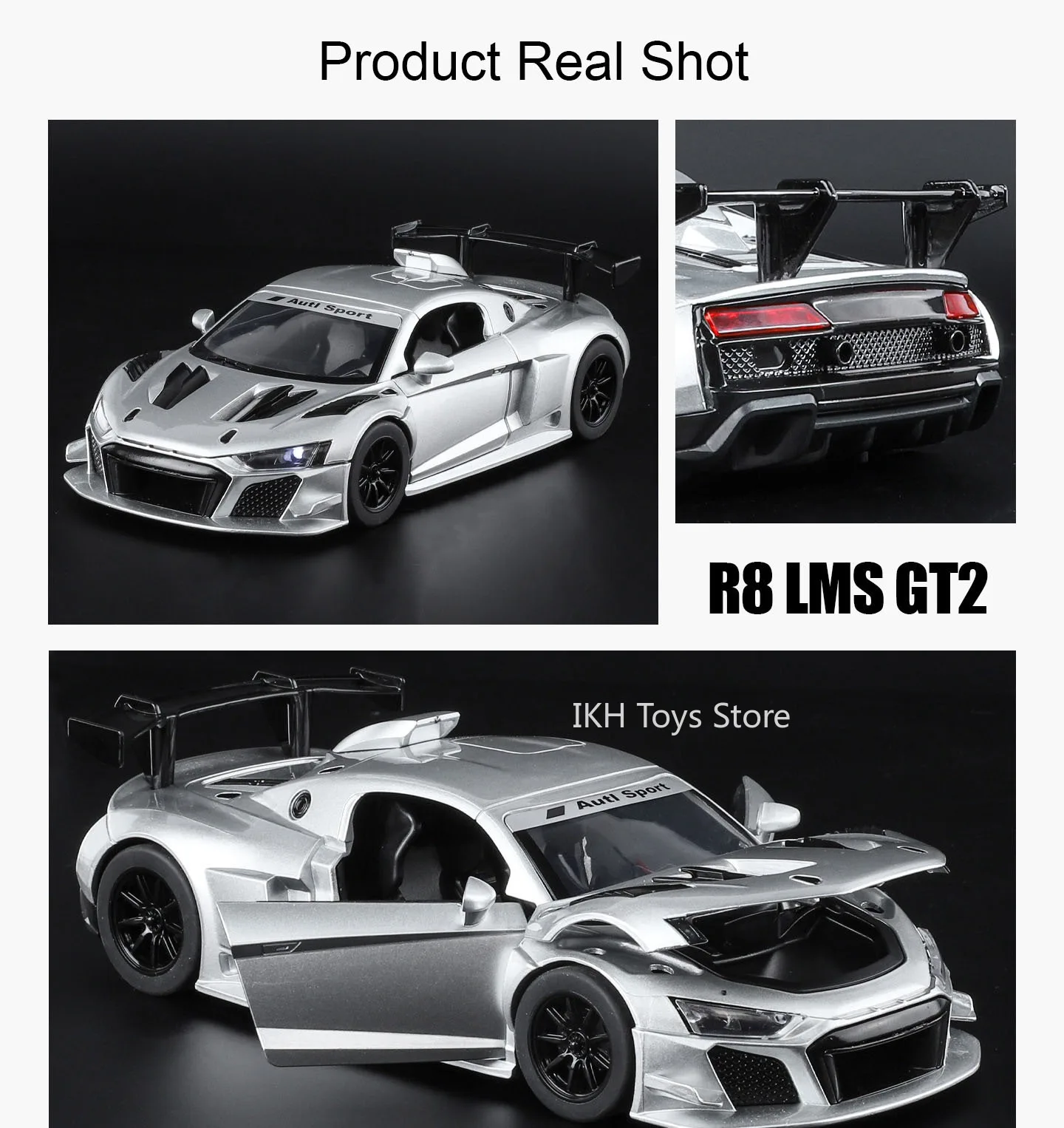 1:24 R8 LMS GT2 SLS coche deportivo modelos de juguete aleación Diecast sonido luz puertas abiertas tirar hacia atrás vehículos en miniatura para niños regalos
