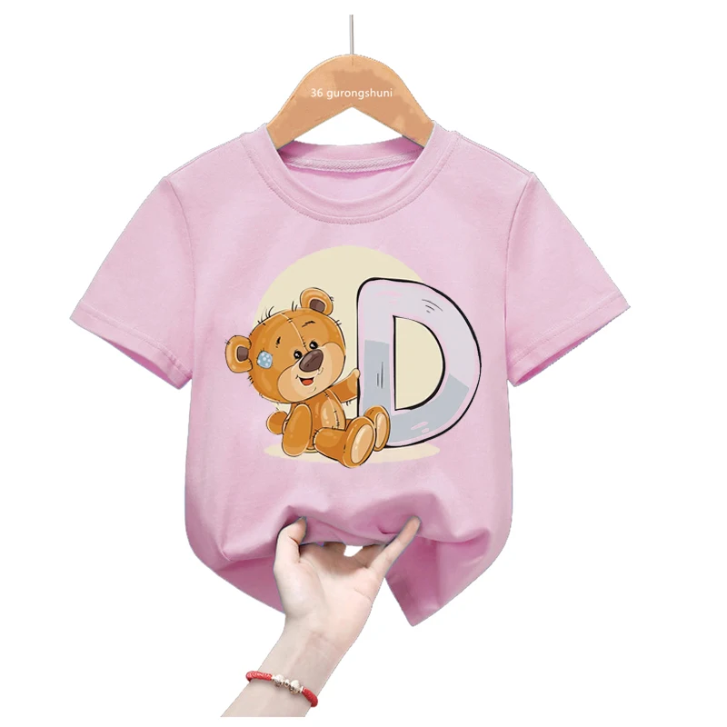 Kawaii Kids Clothes 26 Alphabet Bear Print Pink Tshirt For Girls Name Custom Birthday Gift T Shirt Kids Clothes Summer Tops Tee