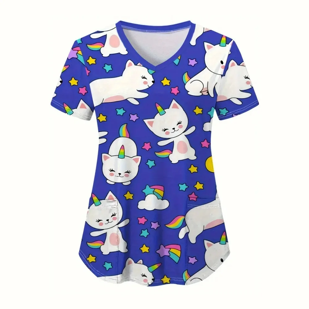 Słodki kot kreskówkowe mundury chirurgiczne kobieta moda letnia dekolt w serek Medico mikro-elastyczne krótkie rękawy naszywane kieszenie ubrania medyczne