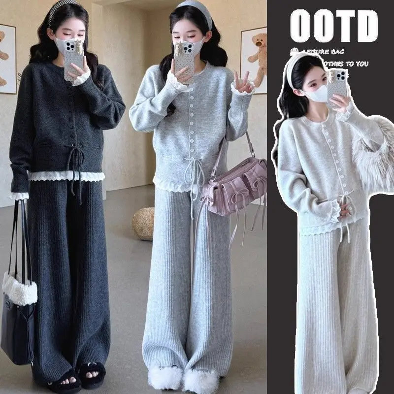 Pregnant Women's Autumn and Winter Clothes New Suit Fashion Thickened Sweater Jacket Top Wide-leg Pants Two-piece Set