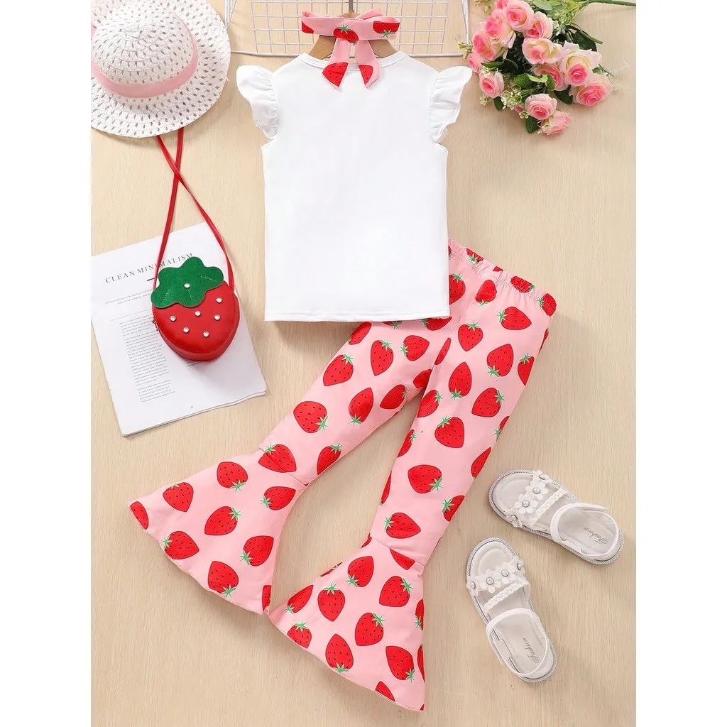 3PCS Kid Girl Fashion Clothes Set Sleeveless Ruffle Letter Top+Strawberry Pants+Headband Daily Wear for Child Girl 2-7 Years