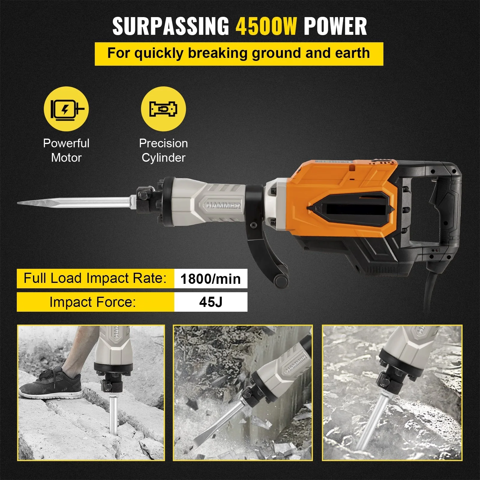 4500W Demolition Jack Hammer Industrial Electric Jackhammer For Demolishing, Chipping Heavy Duty Concrete Breaker w/Chisel