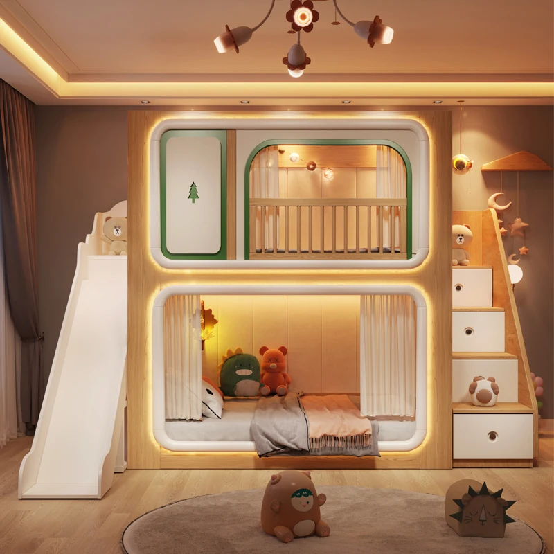 Loft Double Decker Kids Beds Wooden Guardrail Design Playpen Children Beds Slide Modern Style Camas Infantiles Furniture Home