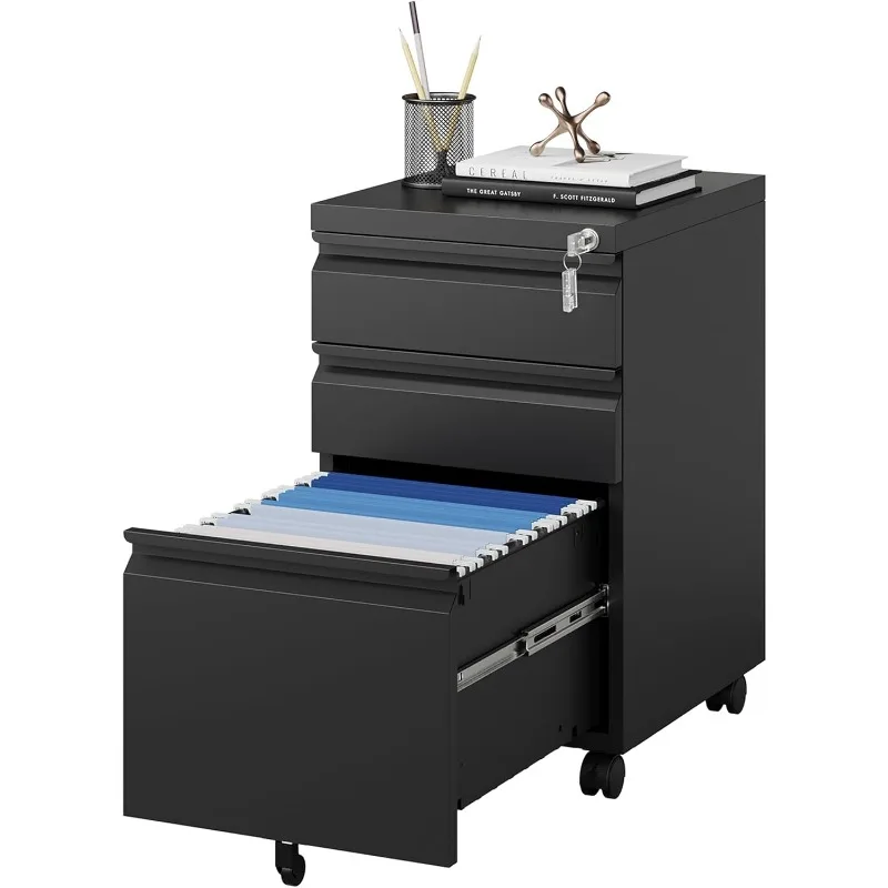 File Cabinet 3 Drawers on Wheels Under Desk, Black Metal Rolling File Cabinets with Lock for Home Office