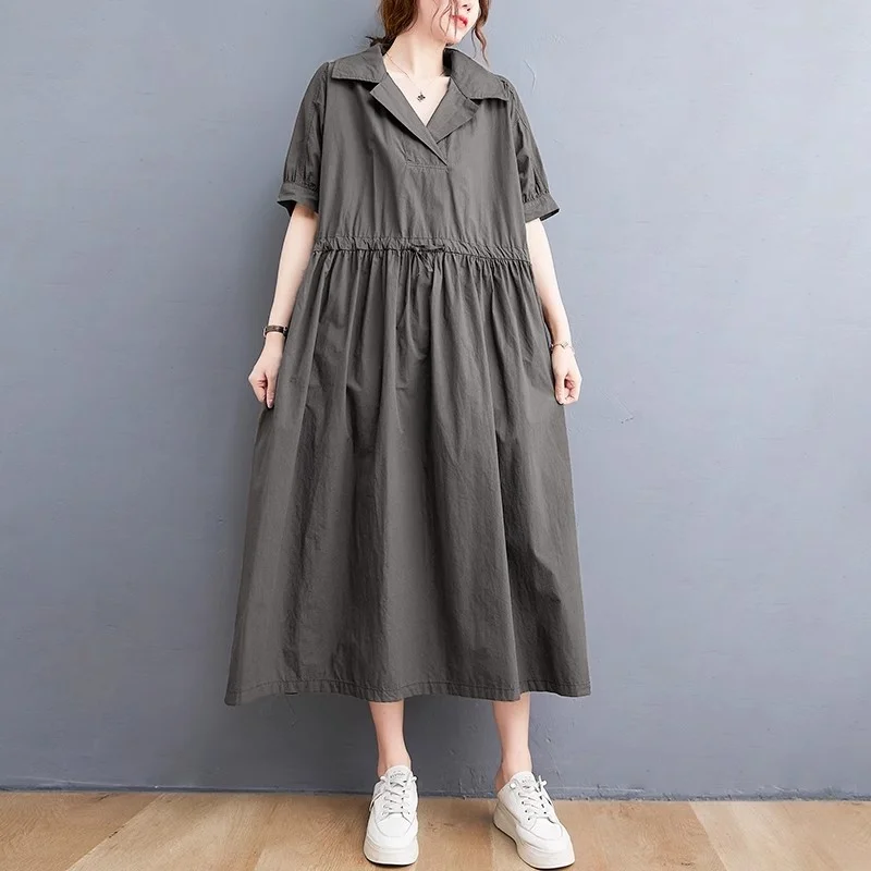 فستان فني فضفاض بأكمام قصيرة مقاس كبير للنساء بدلة صيفية بياقة تصميم برباط الخصر ملابس عمل عصرية W188