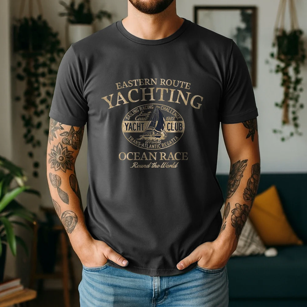 New Summer Men's 100% Cotton Short Sleeve T Shirt Retro Yacht Club Off Shore Sailing Graphic Print Breathable Casual Daily Tees