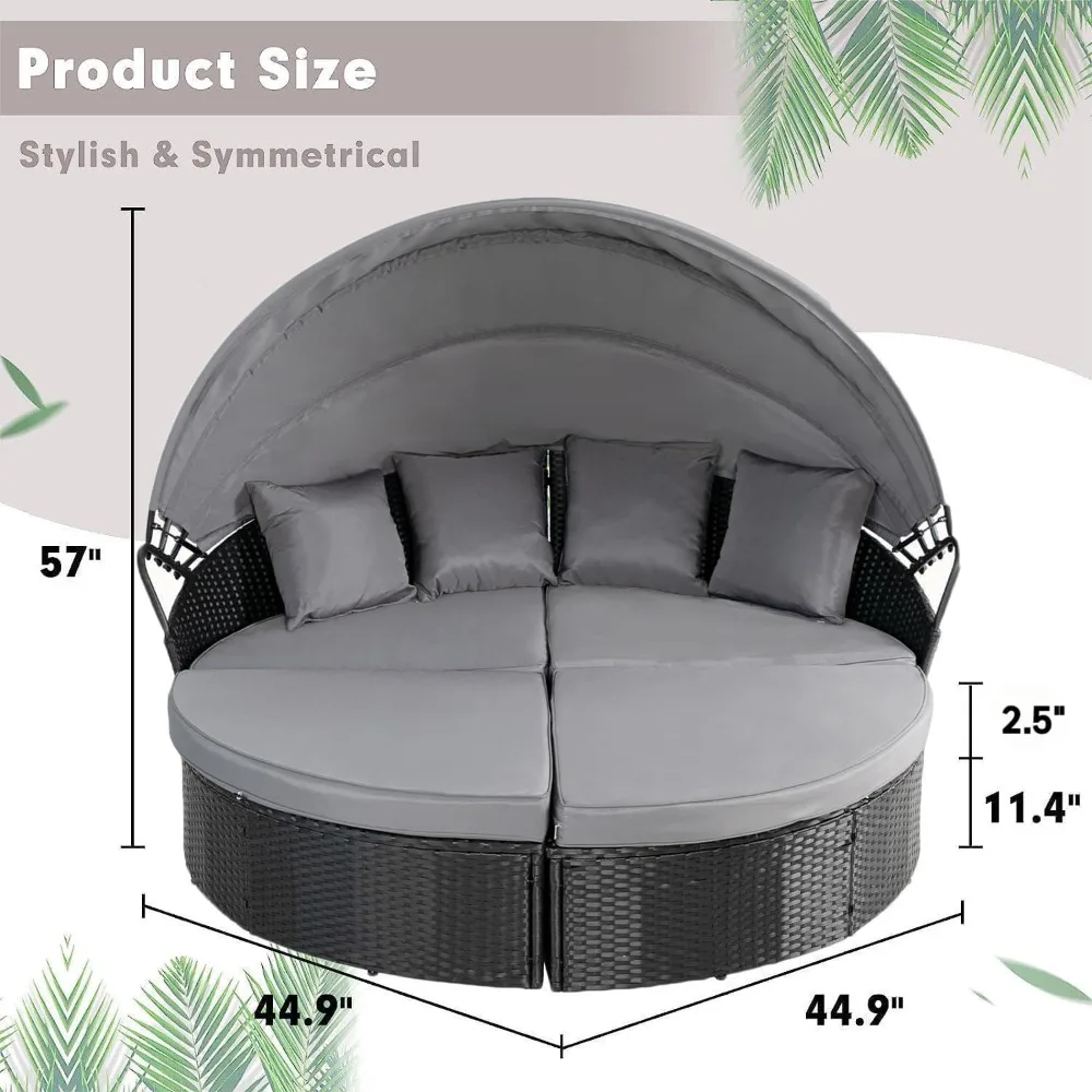 Patio Sofa Washable Cushions, Clamshell Sectional Seating Wicker Furniture with Retractable Canopy Furniture for Outdoor Sofa