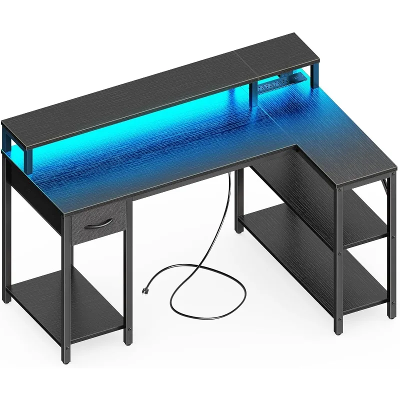 47 inch Reversible L Shaped Desk with LED Lights & Power Outlets, Computer Desk with Shelves & Monitor Stand, Gaming Desk