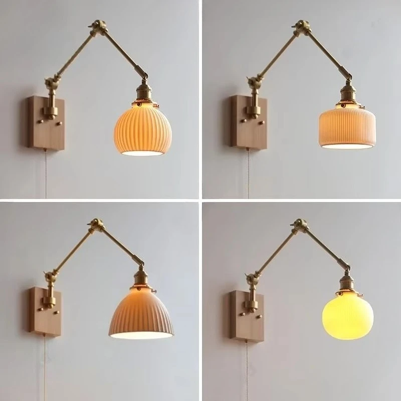 Simple LED Ceramic Lampshade E27 Wall Lamp for Study Bedroom Bedside Lamp with Built-in Cable Switch Ambient Lighting Fixture