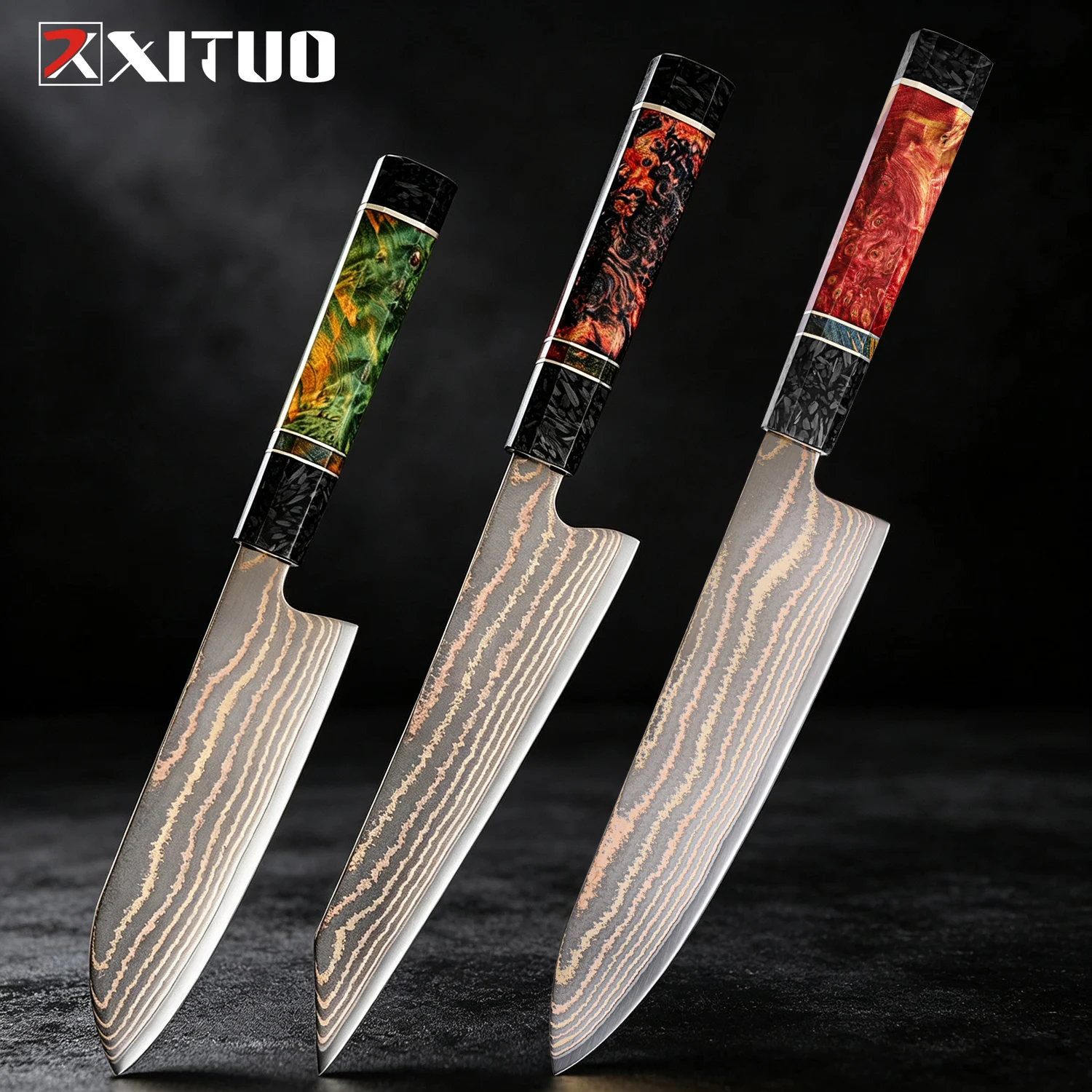 XITUO 1-3PCS Damascus Knife Set, Ultra Sharp -Japanese Handmade Copper Damascus Steel Kitchen Knife Chef Knife Octagonal Handle