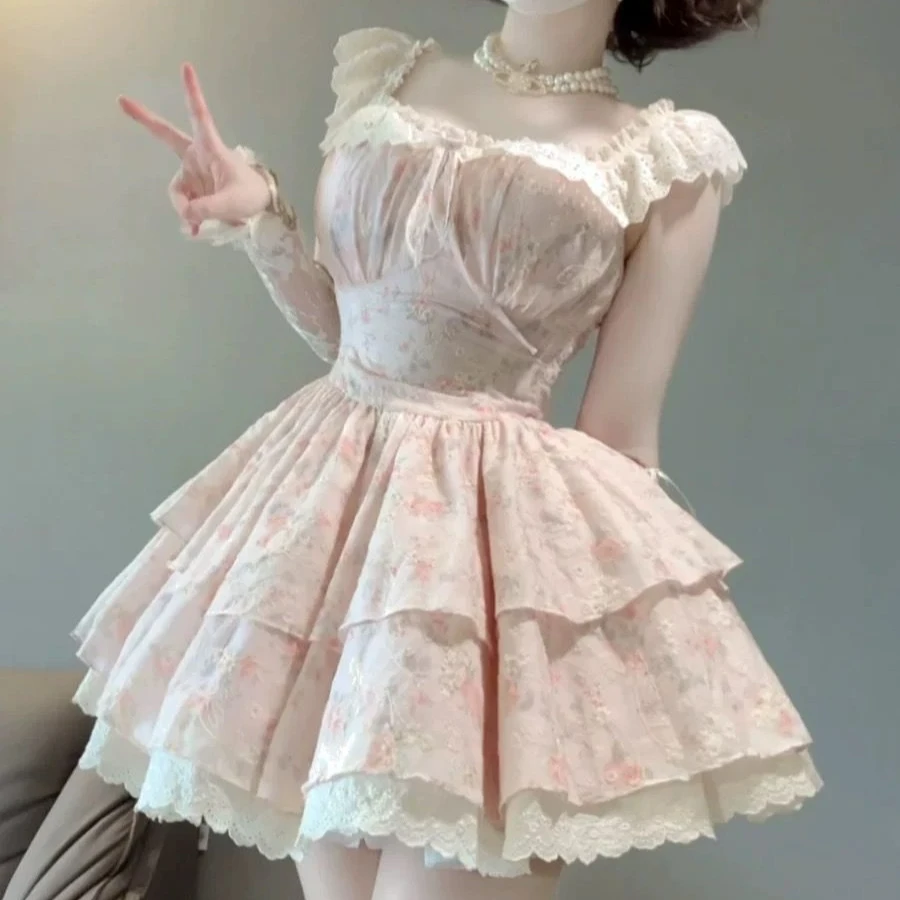 Vestido lolita vintage feminino, renda, patchwork, doce, princesa, babado, cintura alta, em camadas, moda coreana, vestido elegante