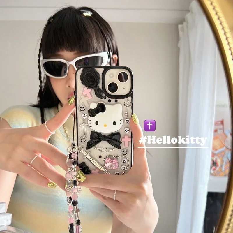 Прозрачный чехол Kawaii Cute 3D Sanrio Y2K Hello Kitty для iPhone 16, 15, 14, 13, 12, 11 Pro Max, противоударный чехол со шнурком