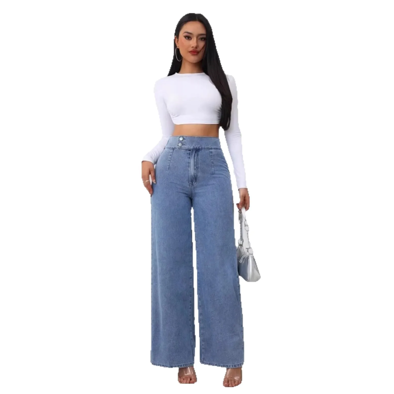 2026 Trendy Women's High Waisted Double Button Solid Blue Straight Loose Jeans European American Style Match Casual Streetwear