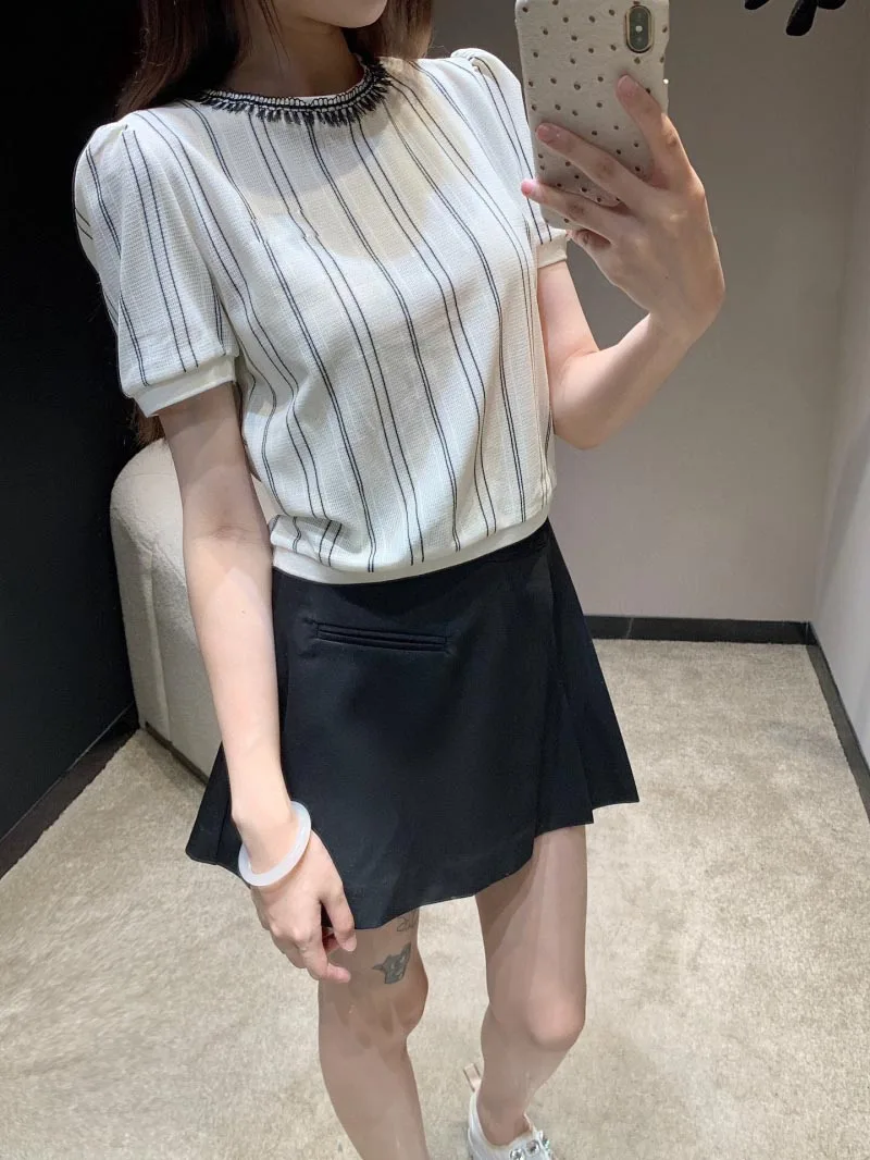 

2024 New Girl's Women's T-shirt Fashionable Sweet Temperament Youthful Vitality Straw Round Neck Striped Short Sleeve