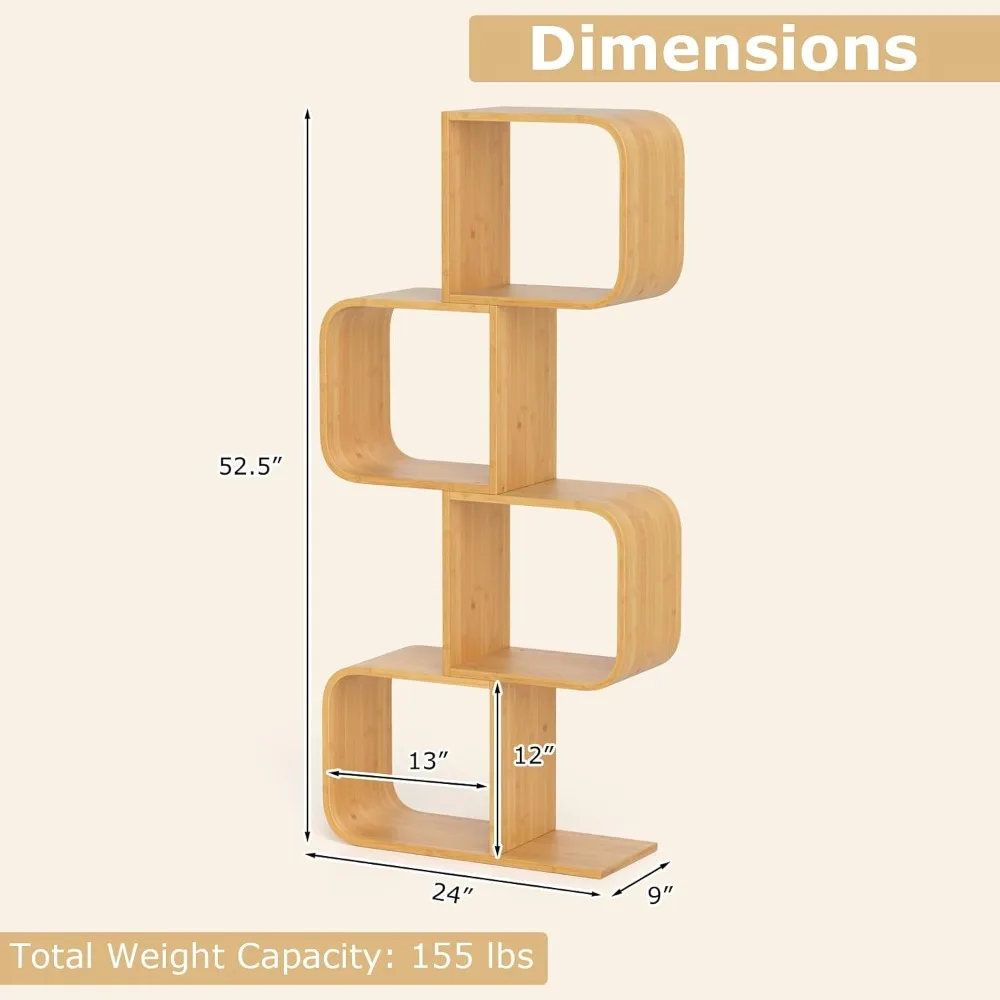 Bamboo Geometric Bookshelf, 4-Tier S-Shaped Bookcase w/Open Cubes & Anti-Tipping Device, Freestanding Display Shelf Storage Org