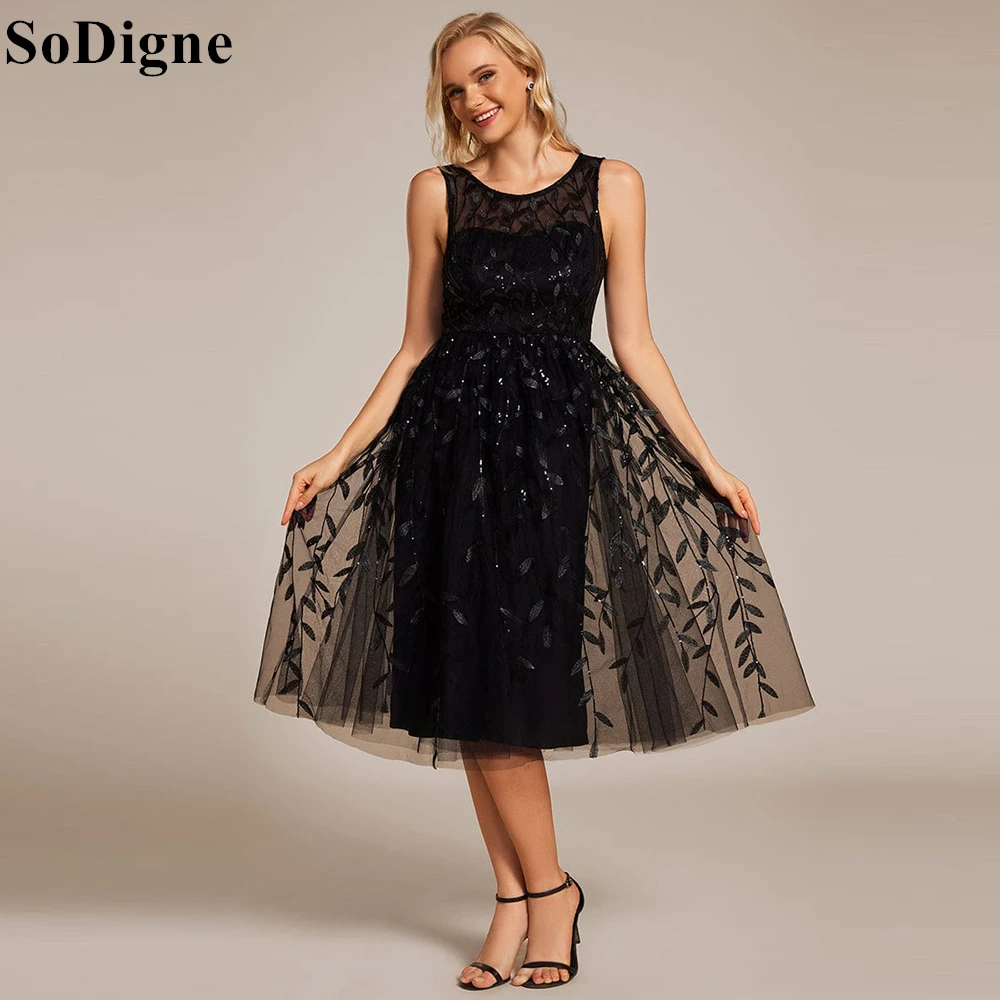 SoDigne Elegant Black Tulle Evening Dresses A-Line Lace Appliques O-Neck Pleated Party Dress Tea Length Prom Gowns Customized