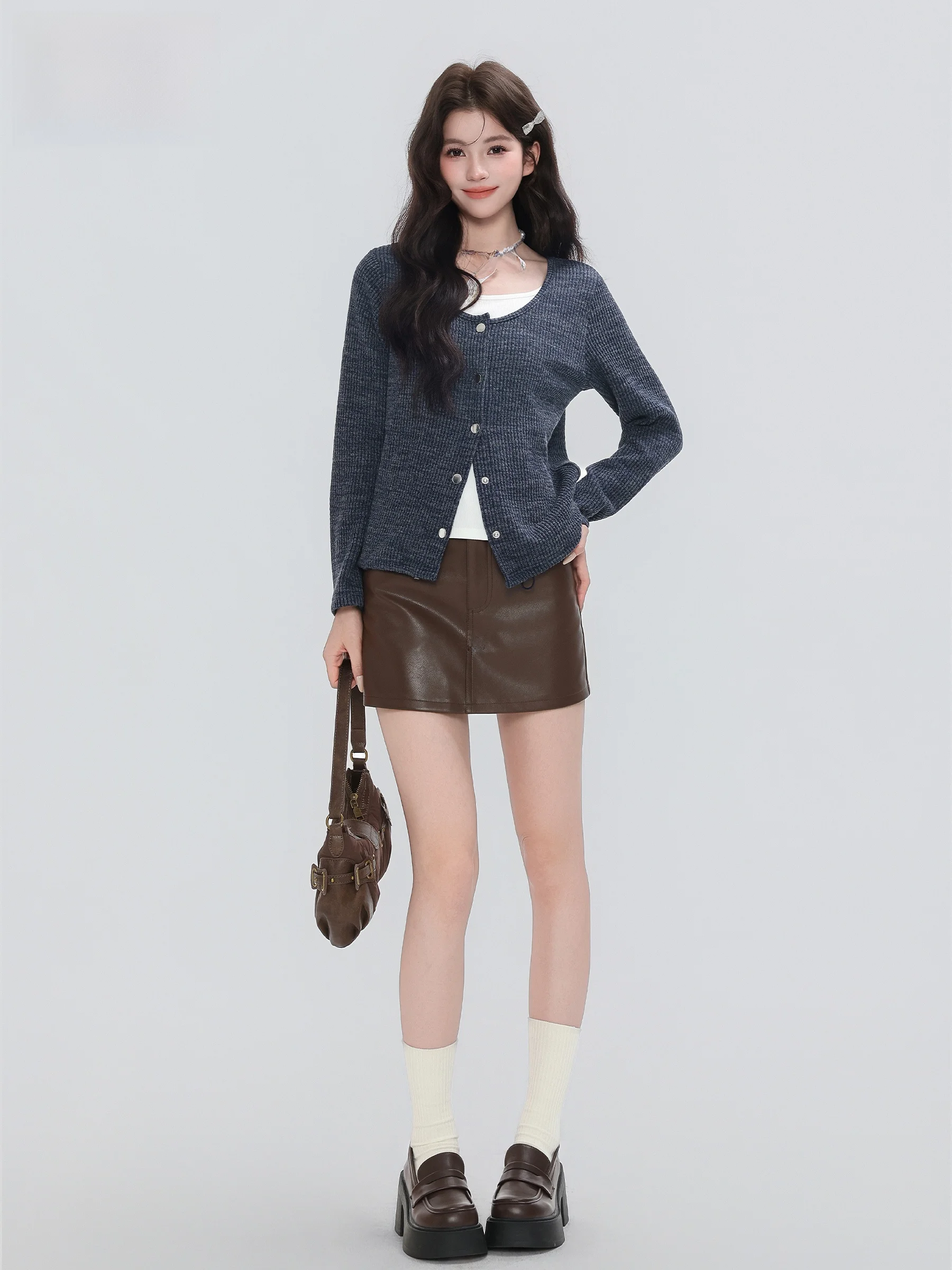 

High Waist PU Leather A-Line Skirt Women's Slim Fit Stylish Short Skirt Casual Style Gathered Hem Standard Fit