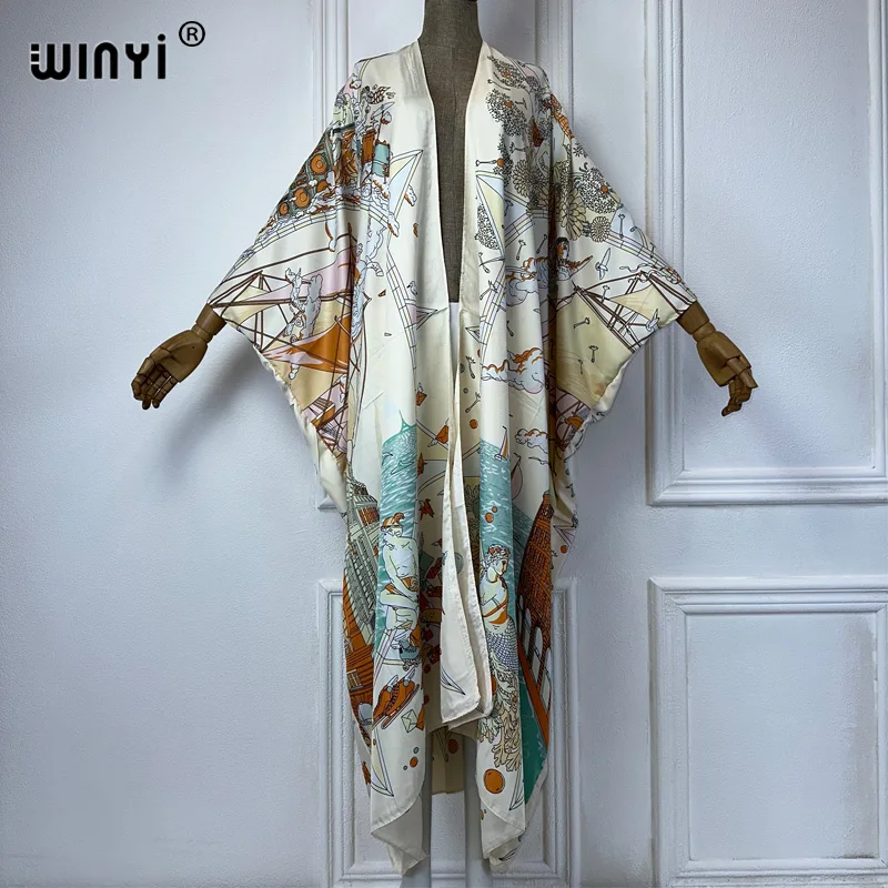 WINYI Africa fashion Beach cover up Boho flower print Cover Up Cardigan elegant Holiday Kimono beach outfits women kaftan dress