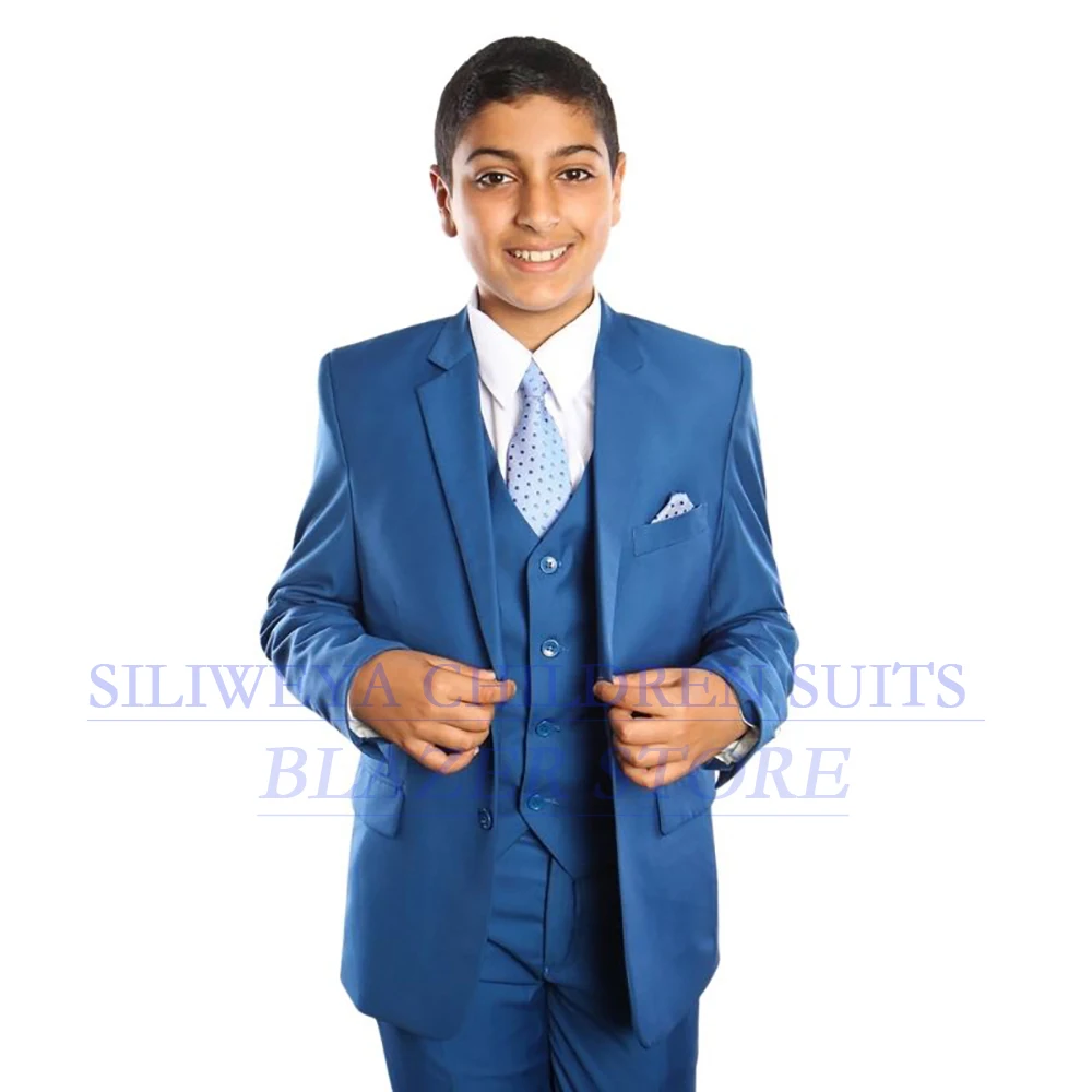 

Синие костюмы для мальчиков на заказ, однотонная однобортная однобортная куртка с лацканами, брюки, жилет, одежда высокого качества