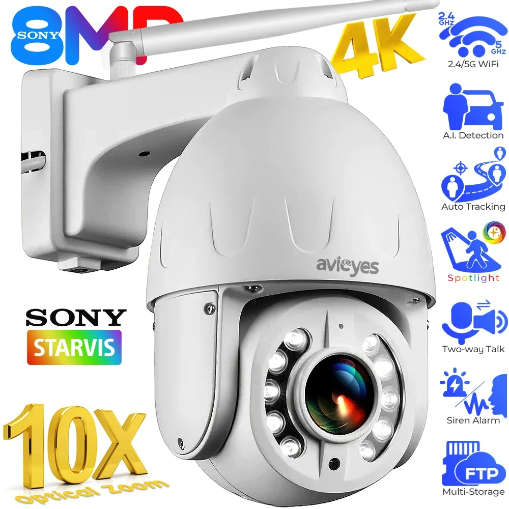 4K 10X 5X Optical Zoom WiFi PTZ Camera Outdoor 8MP 5MP Auto Tracks AI. Detect Dome IP Cameras Spotlight Siren Alarm Security Cam