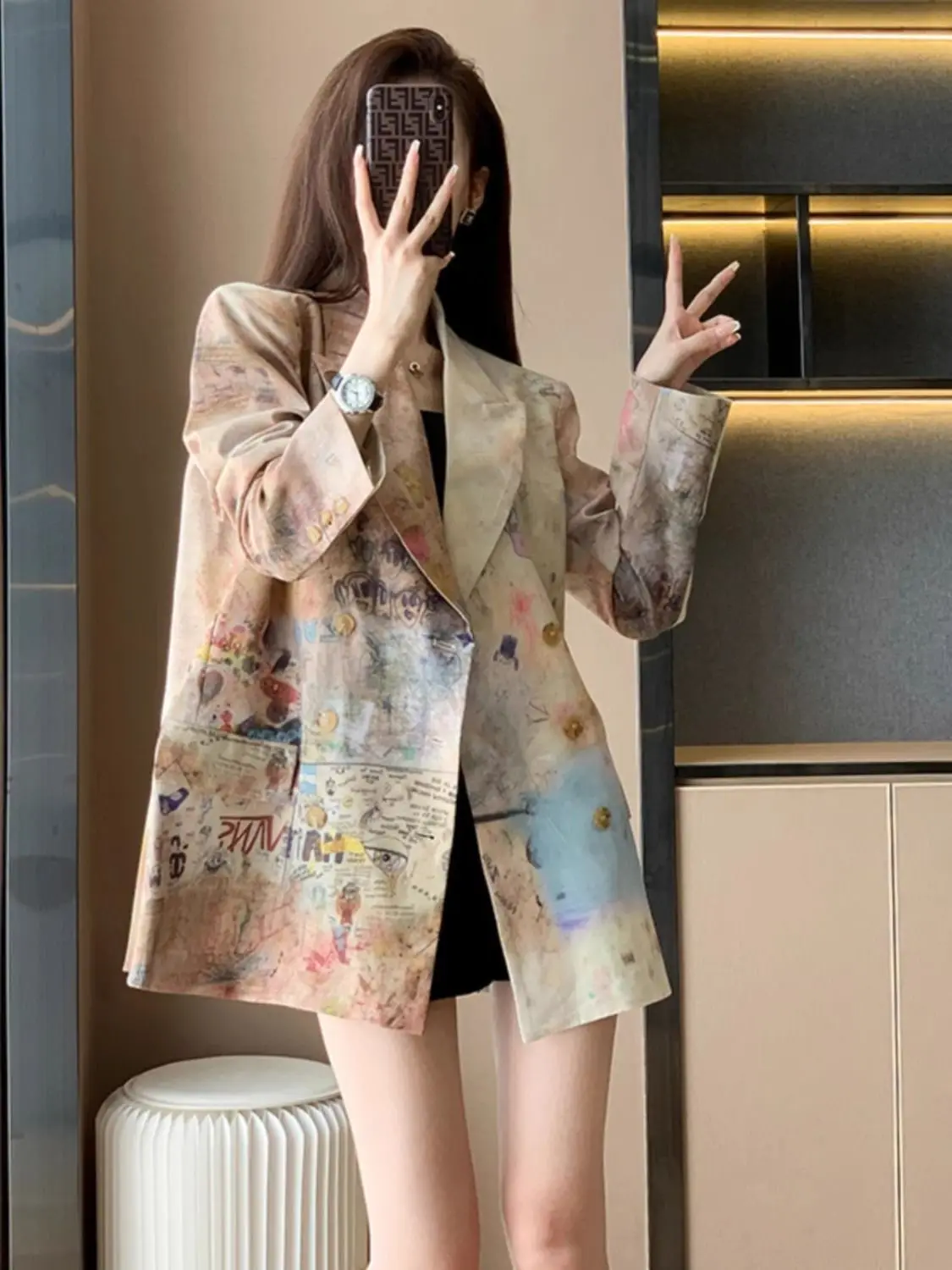 Women\'s Goddess Style Printed Suit Jacket, Temperament Jacket, Slim Fitting, Niche, High Street Fashion, New, 2024